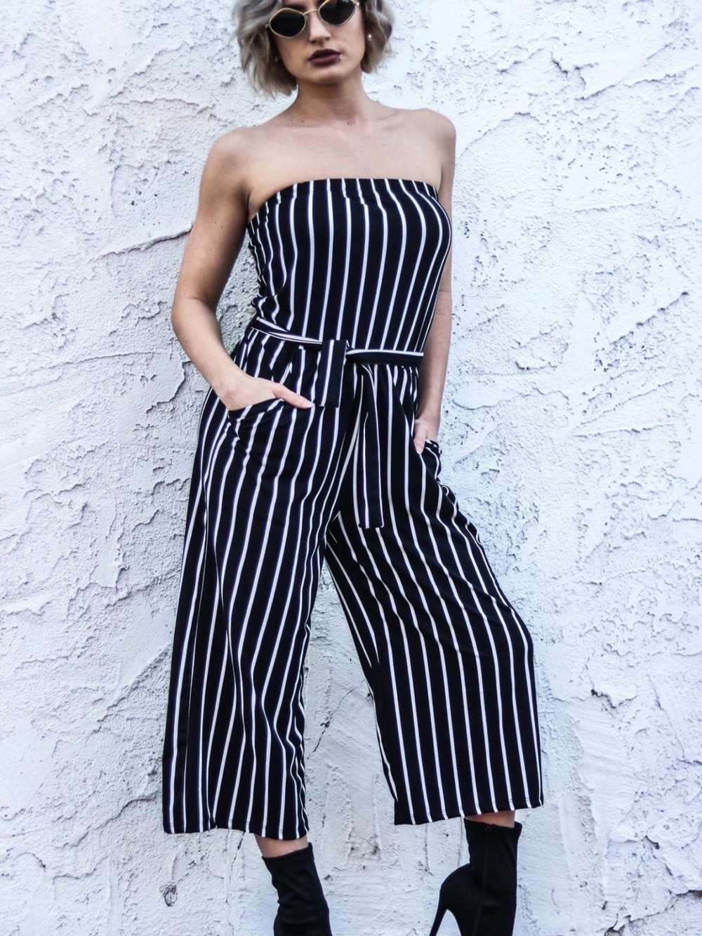 Streetwear Society Black and White Strapless Vertical Stripe Jumpsuit